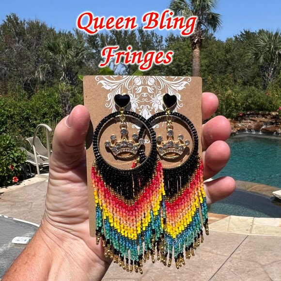 Handmade Beaded Queen Long Fringe Dangle Drop Lightweight Post Hoop Earrings - Picture 9 of 9